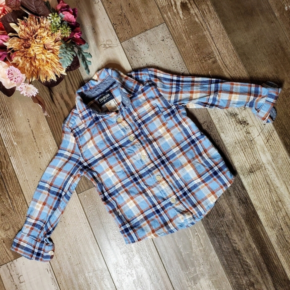 OshKosh B'gosh Blue Plaid Flannel Button Down Shirt Toddler Boy Size 3T EUC - Picture 1 of 12